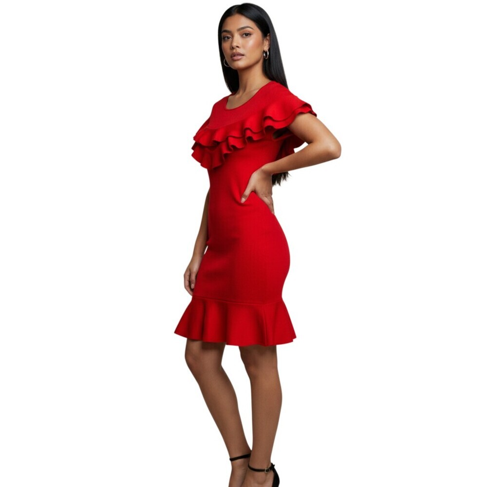 Sachin & Babi Dress Small S Red Ruffle Knit Mini Cocktail Bodycon Zipper Back